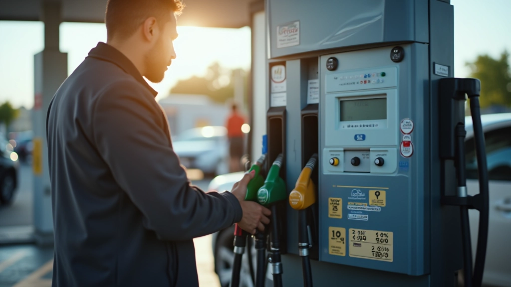 Pompe à essence de station-service avec écran de prix lumineux, jour clair