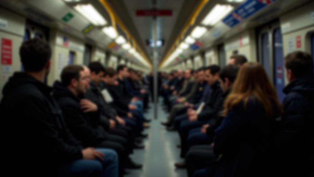 Intérieur métro parisien avec passagers en heure de pointe, sièges et portes