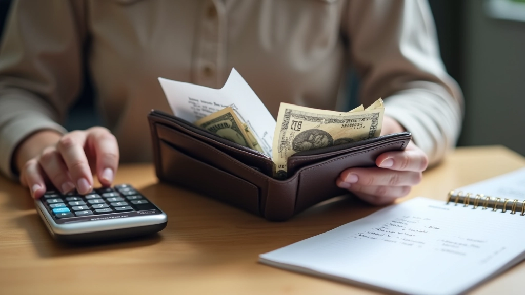 Portefeuille ouvert montrant les dépenses mensuelles, calculatrice et reçus de carburant sur un bureau
