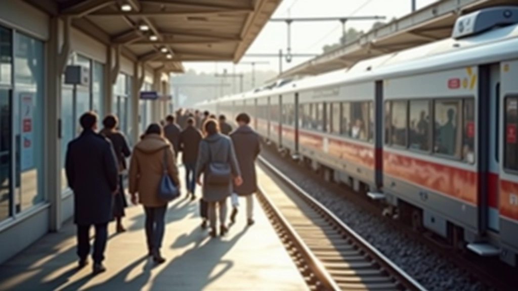 Train régional TER en gare, plateforme avec passagers embarquant, jour ensoleillé