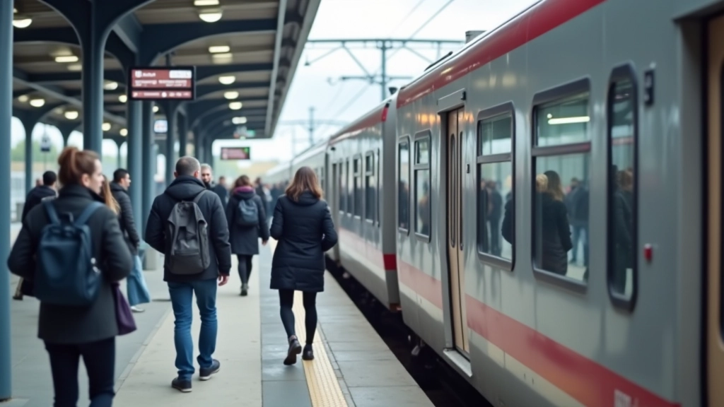 Train TER régional en gare, passagers sur quai, architecture ferroviaire moderne