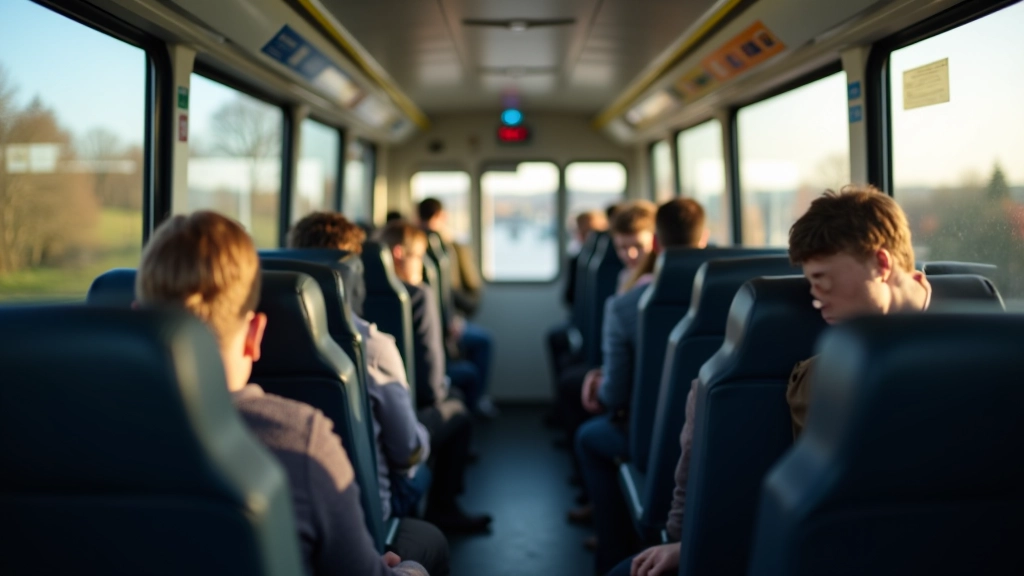 Intérieur de train régional, passagers assis, fenêtres montrant le paysage, jour ensoleillé