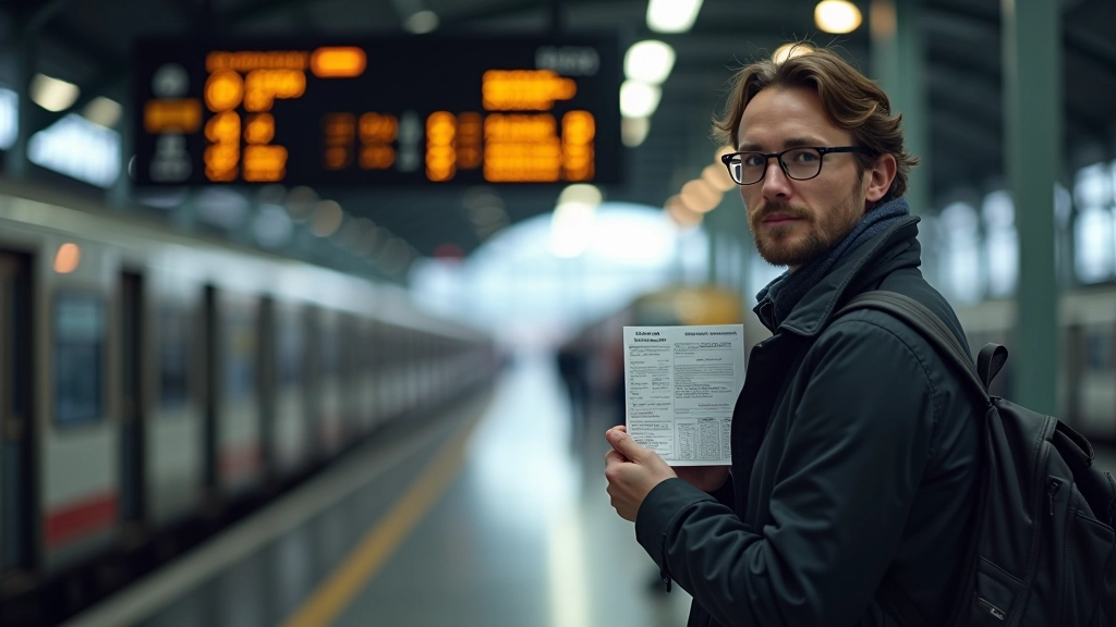 Gare routière avec panneau d'affichage des horaires, trains en arrière-plan, lumière naturelle