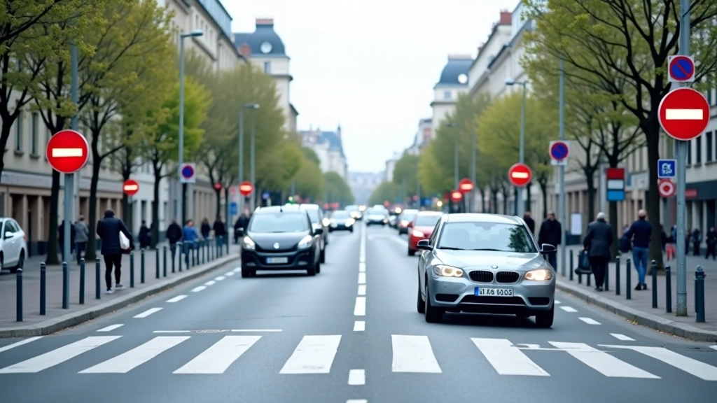 Carrefour urbain avec voitures, piétons et panneaux de circulation