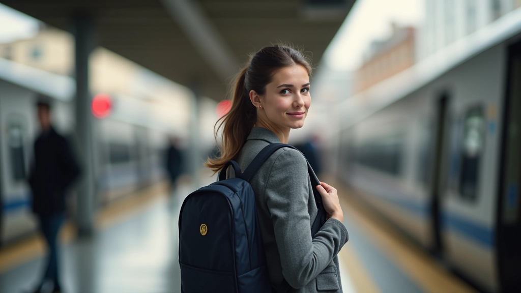 Femme avec sac à dos sortant d'une gare ferroviaire, commute hybride