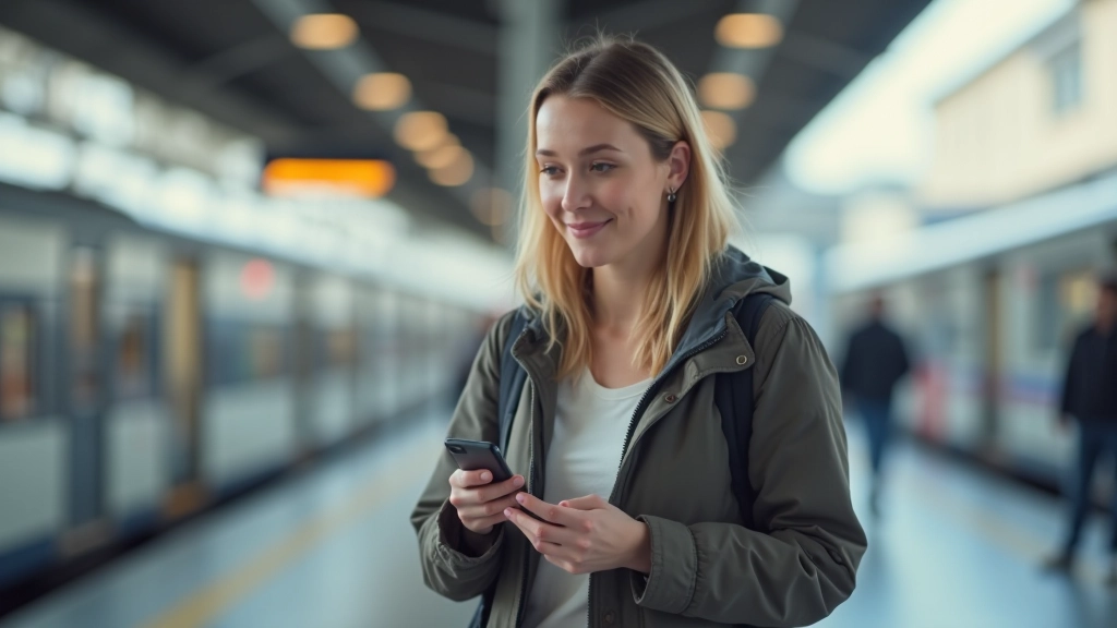 Femme avec smartphone en gare, vérifiant les horaires sur écran, environnement urbain
