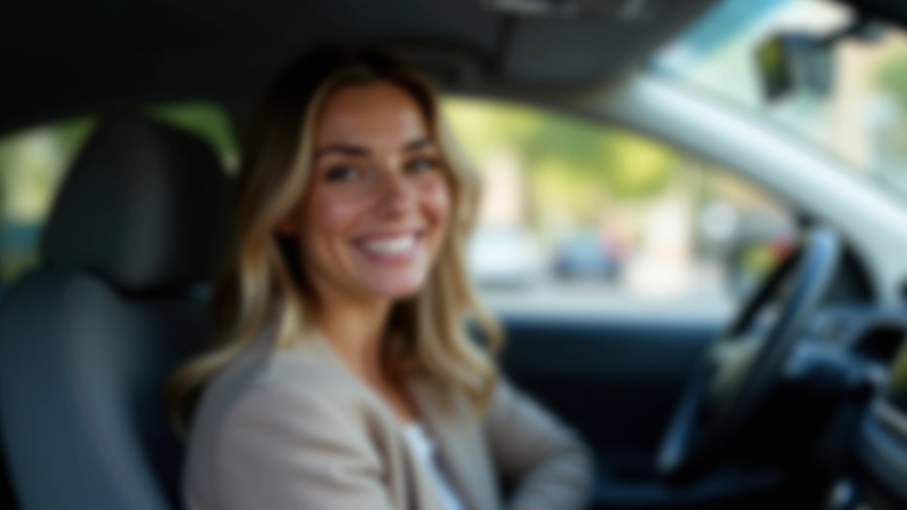 Femme assise dans une voiture d'autopartage, souriant, intérieur voiture moderne et propre