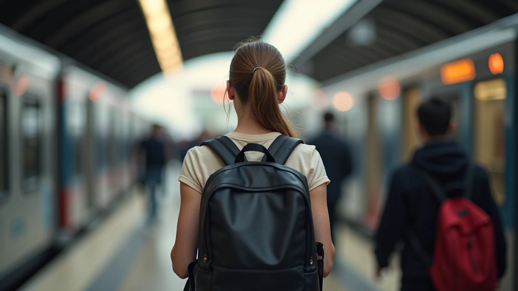 Femme avec sac à dos quittant une gare